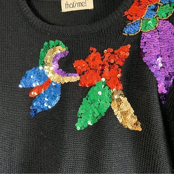 Vintage Black Long Sleeve Wool Sweater Multi-Color Sequins Floral Design Small - Picture 5 of 8